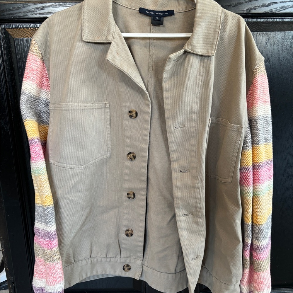 French Connection Tan Utility Jacket with Colorful crochet sleeves